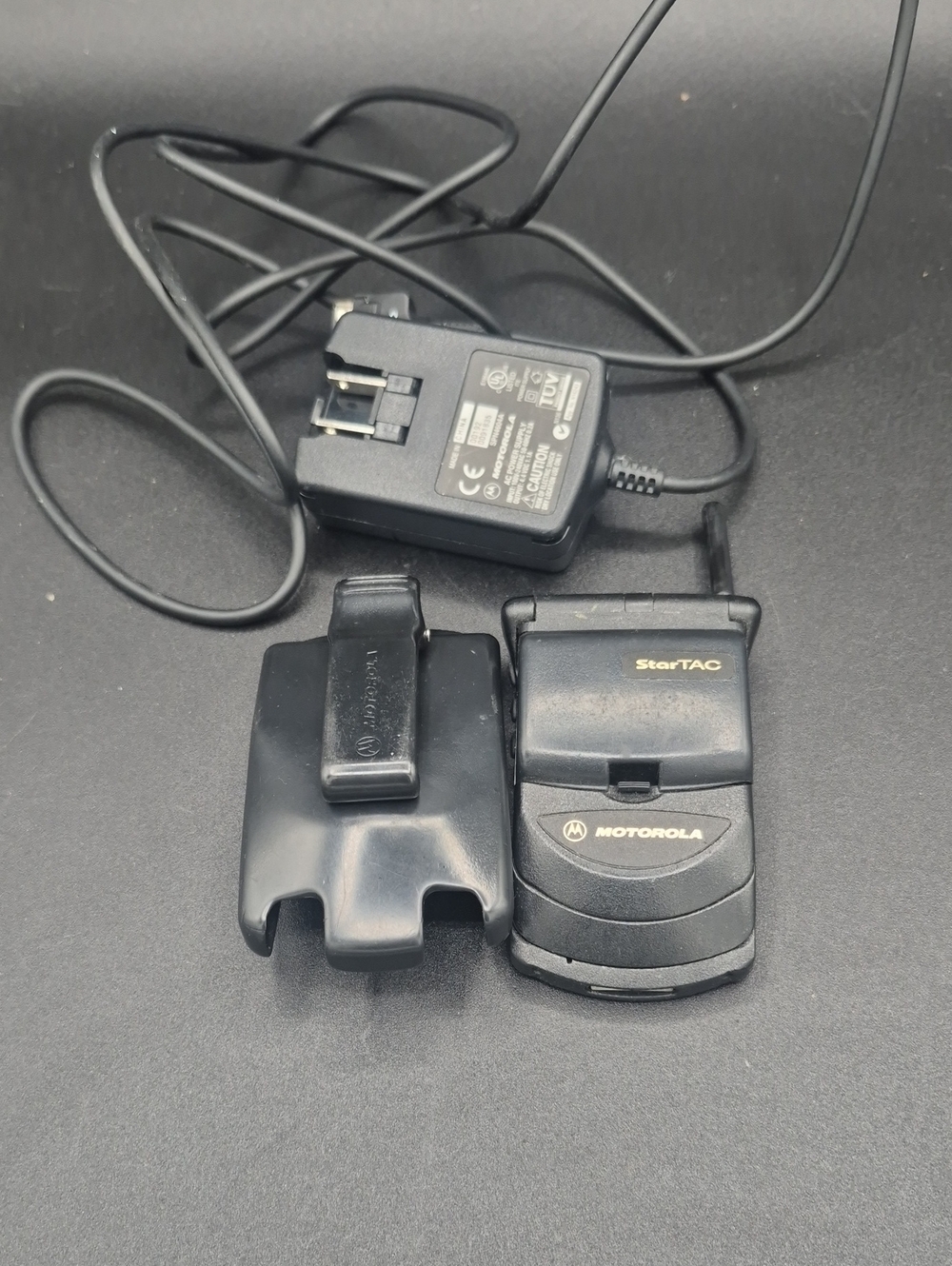 Vintage Motorola StarTAC Flip Phone with Charger and Belt Clip - Black